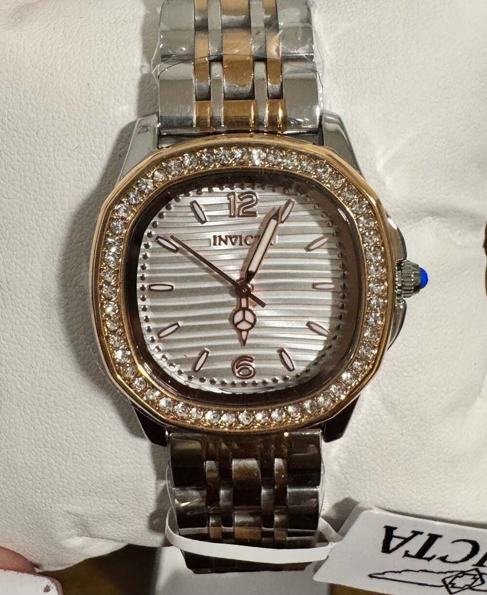 Invicta Two-Tone Silver and Rose Gold Crystal Bezel Watch with Box